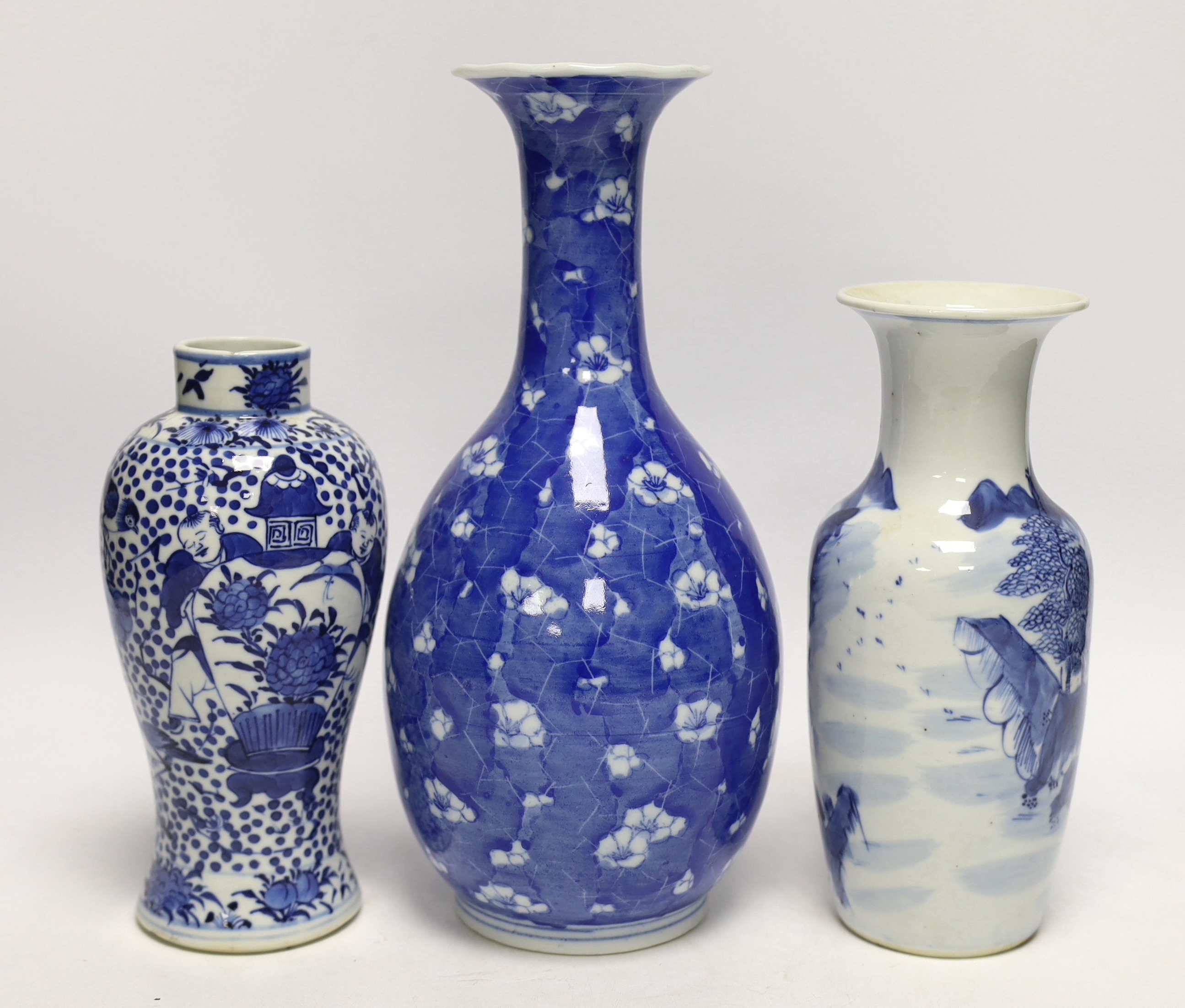 Seven Chinese or Japanese blue and white vases, late 19th/early 20th century, largest 27cm high